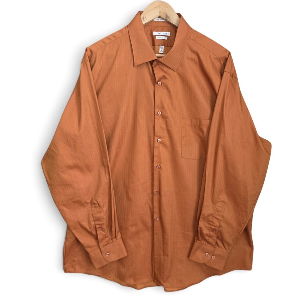 Van Heusen Dress Shirt Mens 18 34/35 Orange Button Regular Fit Royal Herringbone